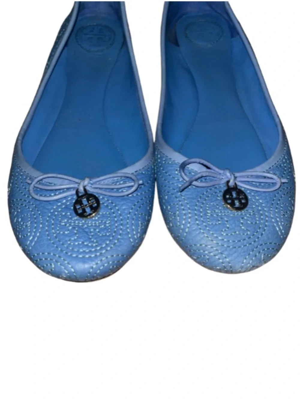 Tory Burch Chelsea Ballet Flats Ocean Blue Pebbled Leather Bow Logo Charm 7.5M